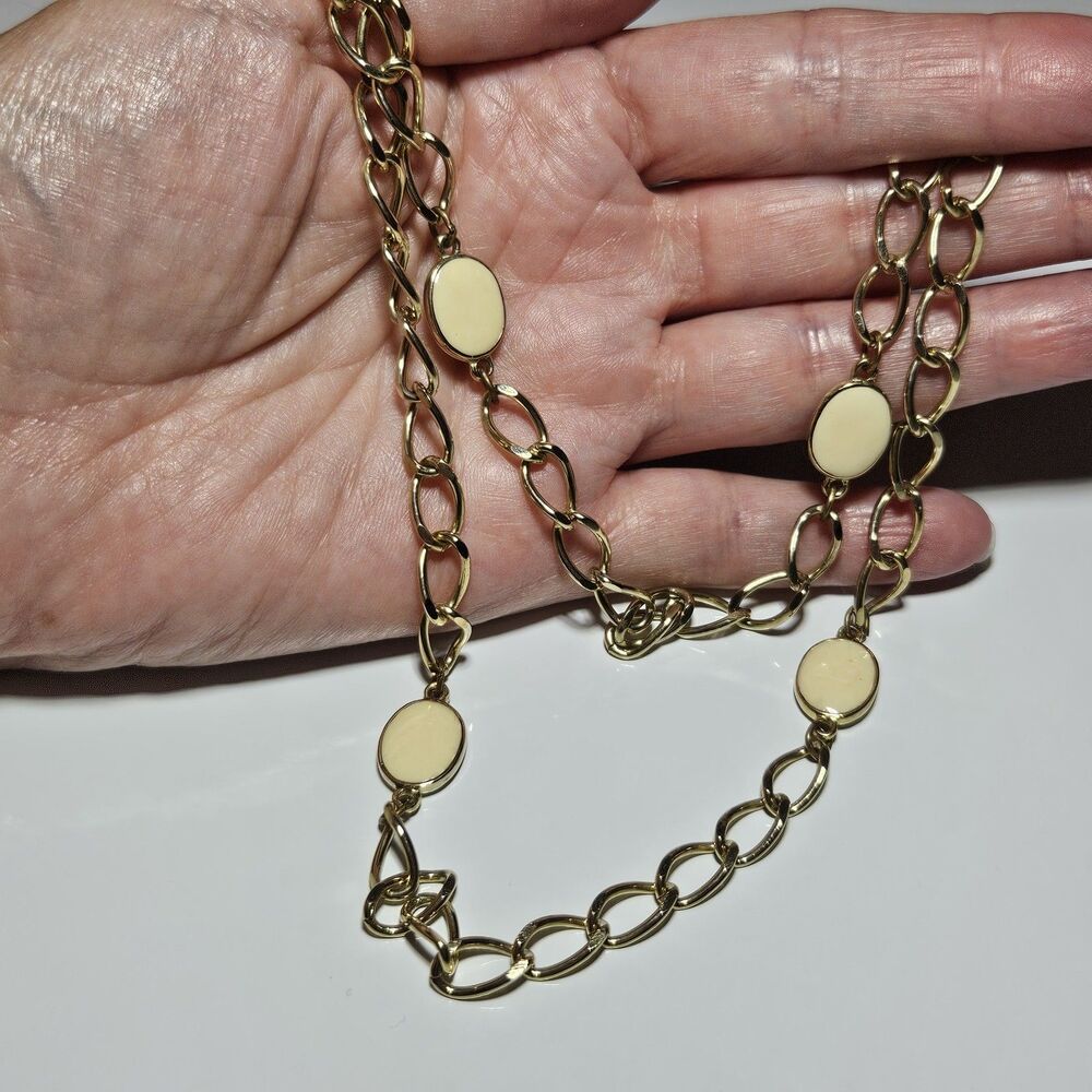 Gold Tone Long Chain Necklace With Cream Enamel Station 30"